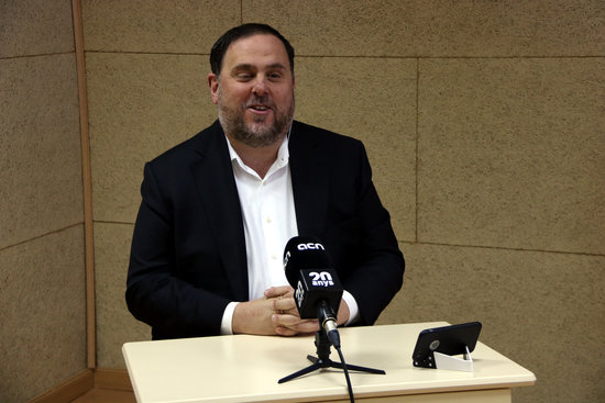 Oriol Junqueras during a press conference live streamed while he was in prison (by Andrea Zamorano)